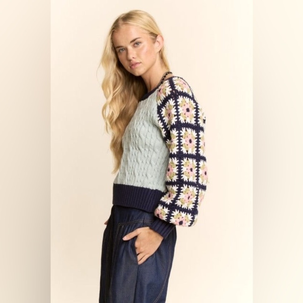 Crochet Sleeve Granny Square Cable Knit Sweater - Davi & Dani - Picture 2 of 5